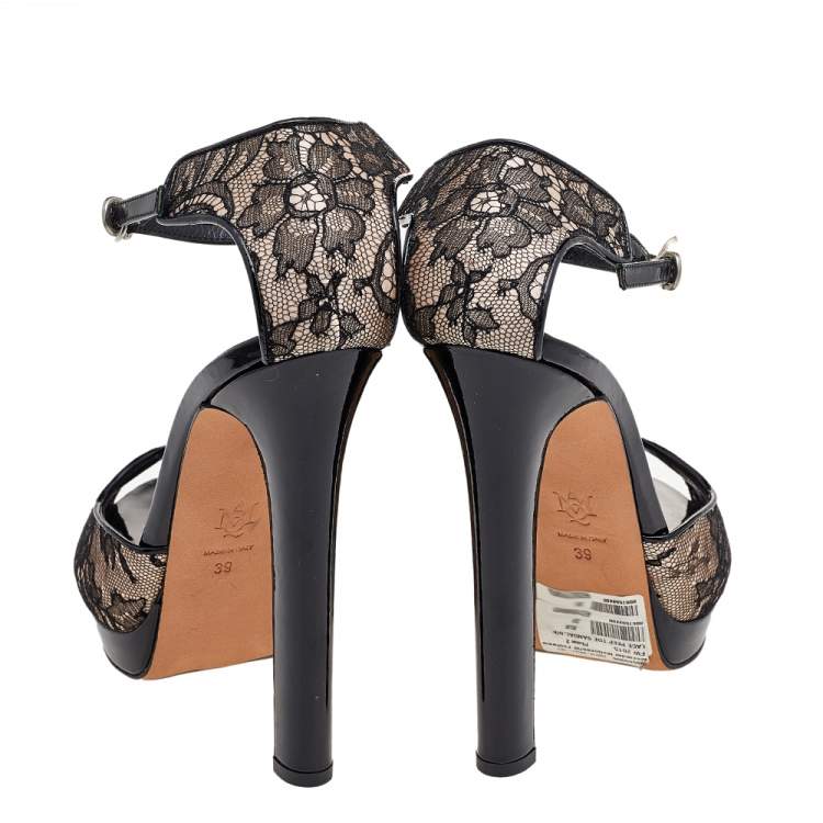 Pre Owned Alexander McQueen Black/Blush Pink Lace And Satin Ankle Strap Platform Sandals Size 39