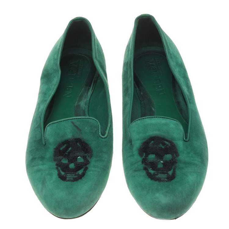 Pre Owned Alexander McQueen Green Suede Embellished Smoking Slippers Size 39.5