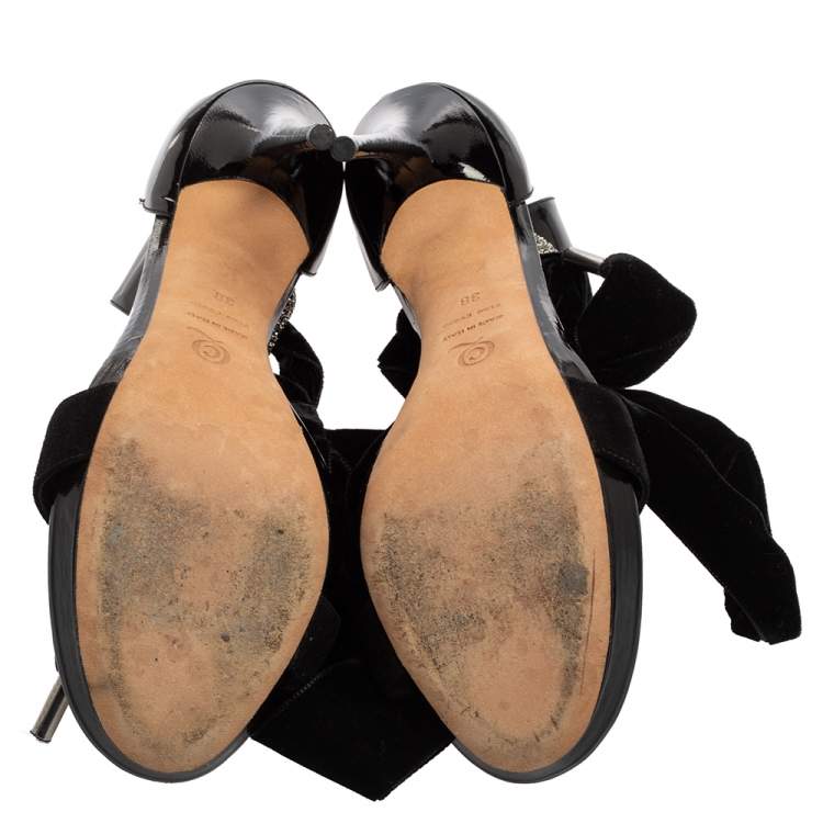 Pre Owned Alexander McQueen Black Patent Leather, Suede and Velvet Bow Ankle Sandals Size 38