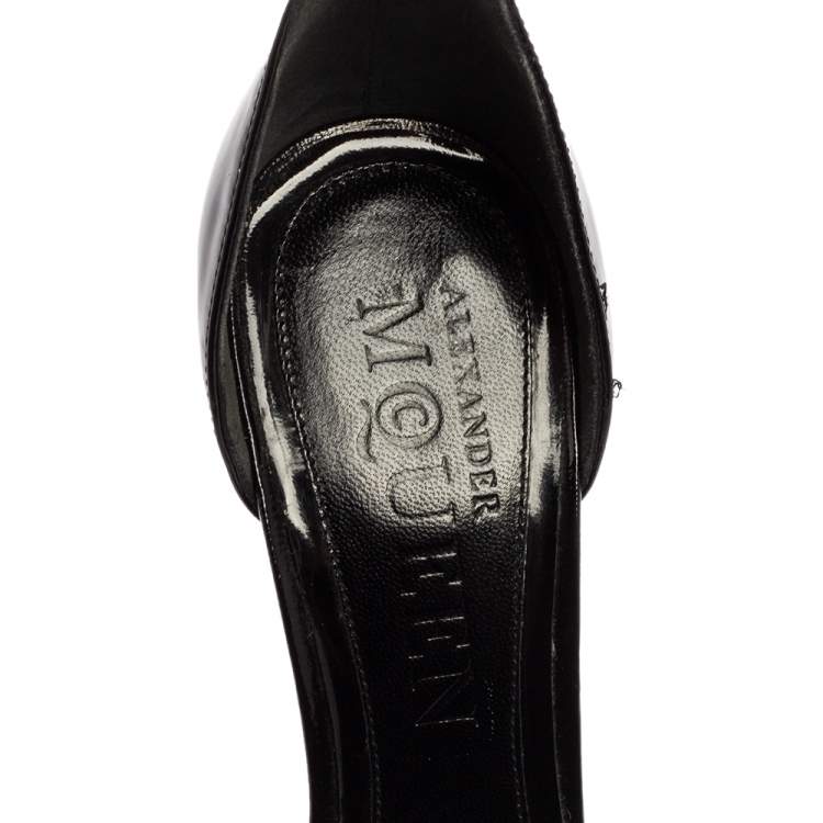 Pre Owned Alexander McQueen Black Patent Leather, Suede and Velvet Bow Ankle Sandals Size 38