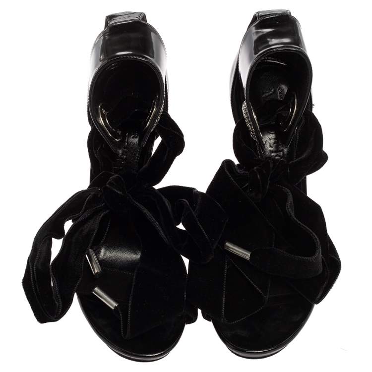 Pre Owned Alexander McQueen Black Patent Leather, Suede and Velvet Bow Ankle Sandals Size 38
