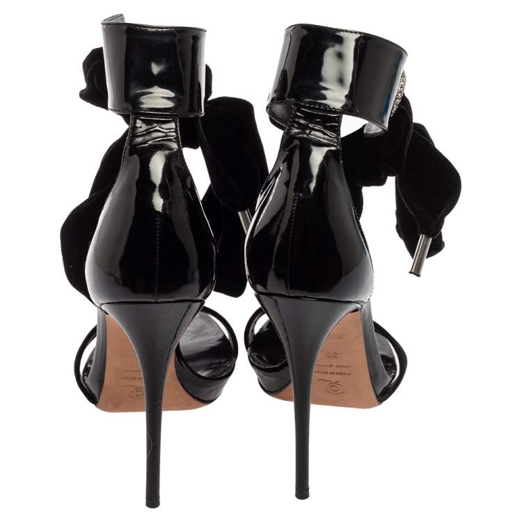 Pre Owned Alexander McQueen Black Patent Leather, Suede and Velvet Bow Ankle Sandals Size 38