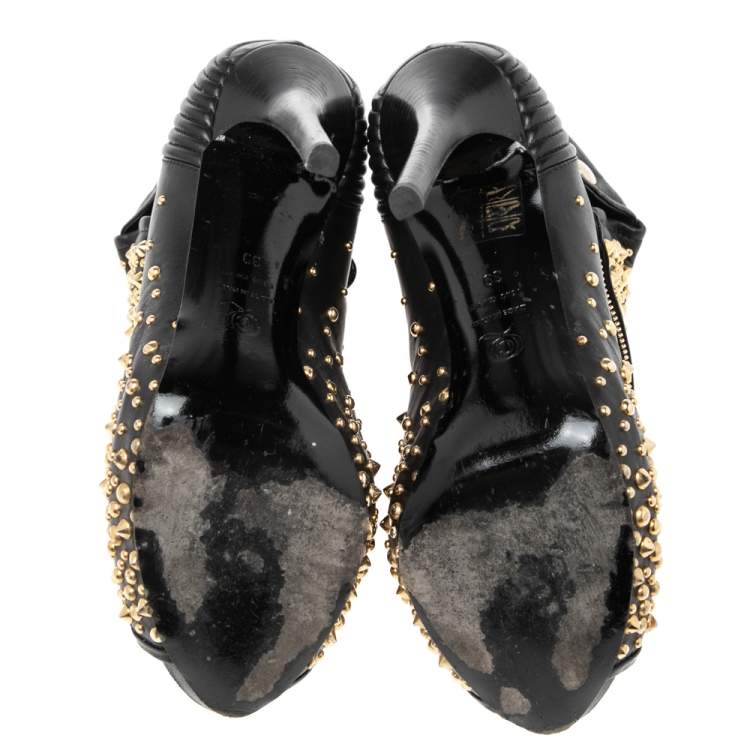 Pre Owned Alexander McQueen Black Leather Studded Peep Toe Booties Size 39