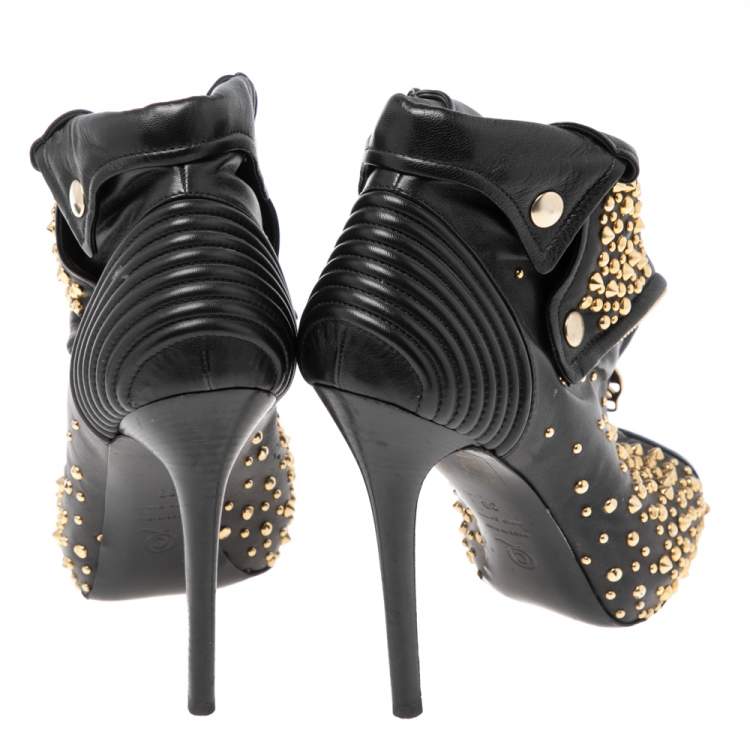 Pre Owned Alexander McQueen Black Leather Studded Peep Toe Booties Size 39