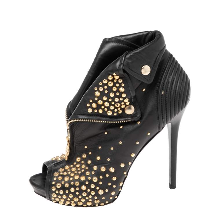Pre Owned Alexander McQueen Black Leather Studded Peep Toe Booties Size 39