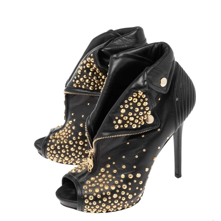 Pre Owned Alexander McQueen Black Leather Studded Peep Toe Booties Size 39