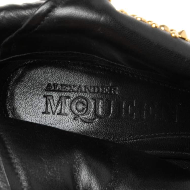 Pre Owned Alexander McQueen Black Leather Studded Peep Toe Booties Size 39