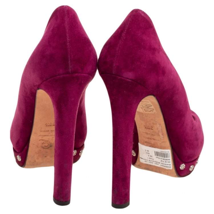Pre Owned Alexander McQueen Purple Suede Embellished Skull Peep Toe Pumps Size 38.5
