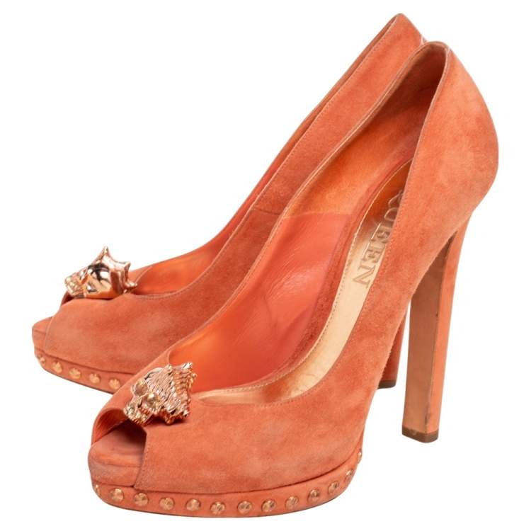 Pre Owned Alexander McQueen Orange Suede Skull Peep Toe Pumps Size 38.5 