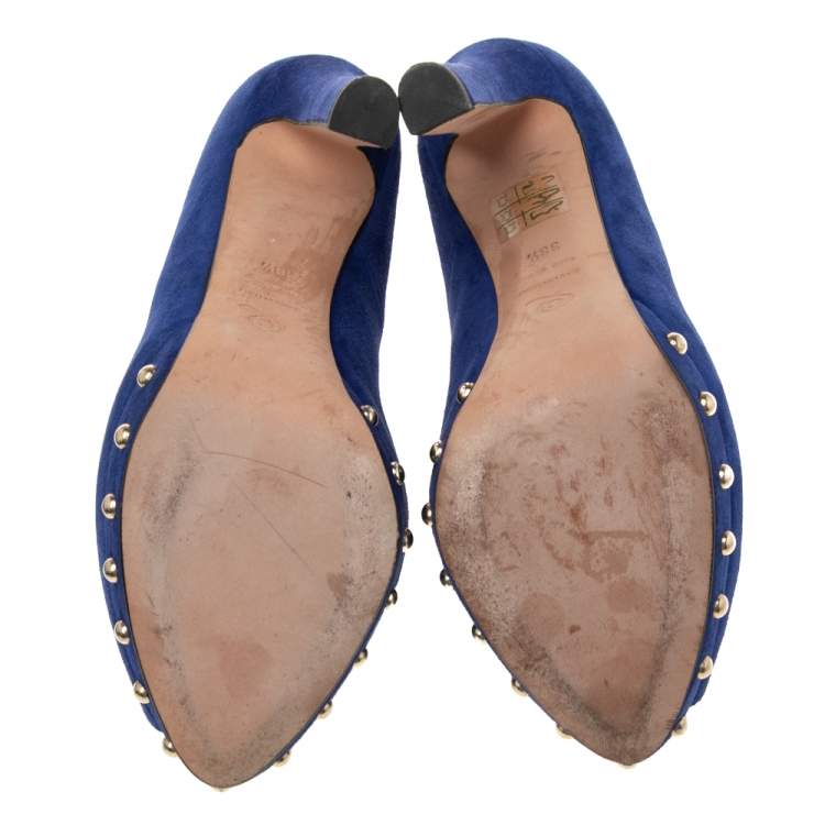 مملوكة مسبقًا Alexander McQueen Blue Suede Crystal Embellished Skull Peep Toe Platform Pumps Size 38.5