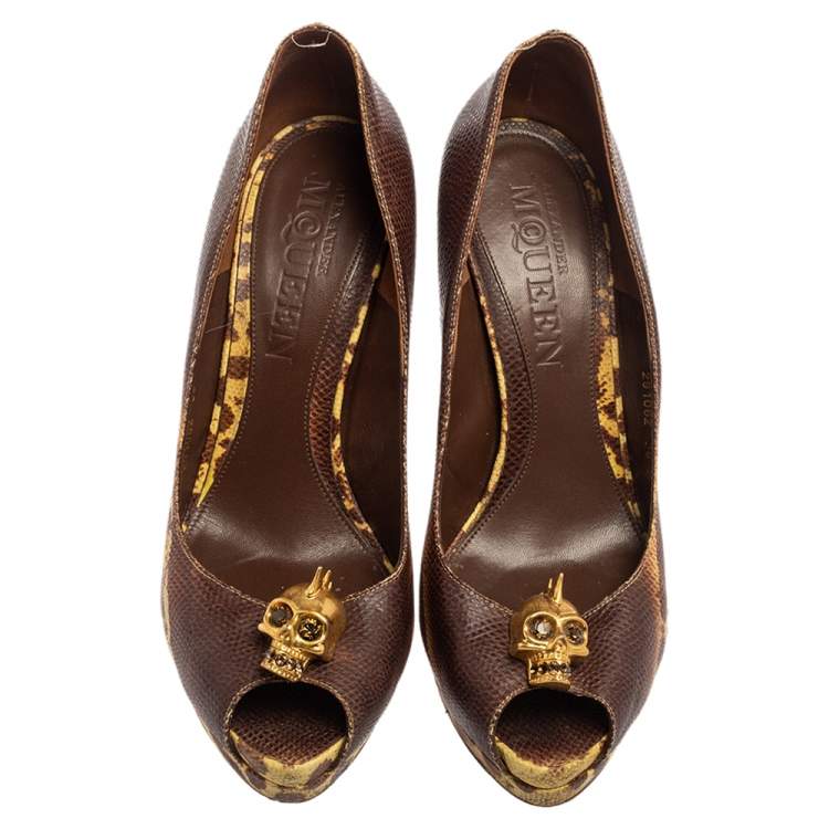 Pre Owned Alexander McQueen Brown/Yellow Karung Leather Skull Peep Toe Pumps Size 38