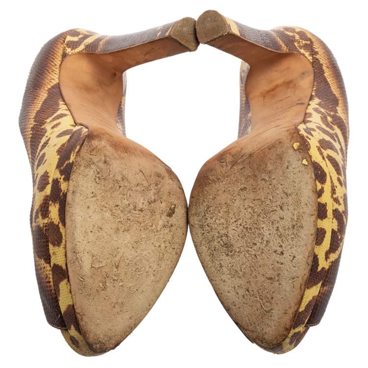 Pre Owned Alexander McQueen Brown/Yellow Karung Leather Skull Peep Toe Pumps Size 38