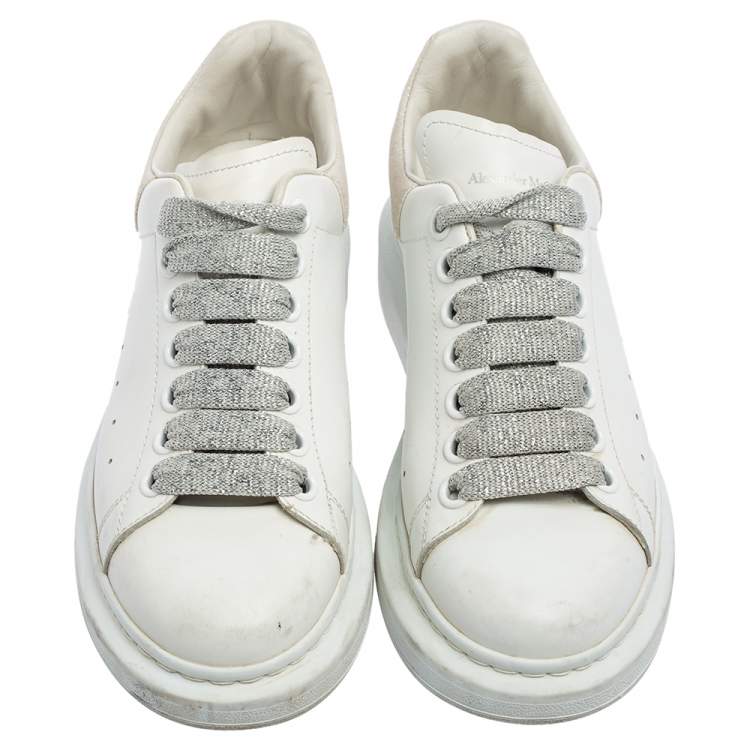 Pre Owned Alexander McQueen White Leather And Glitter Lace Up Sneakers Size 38.5