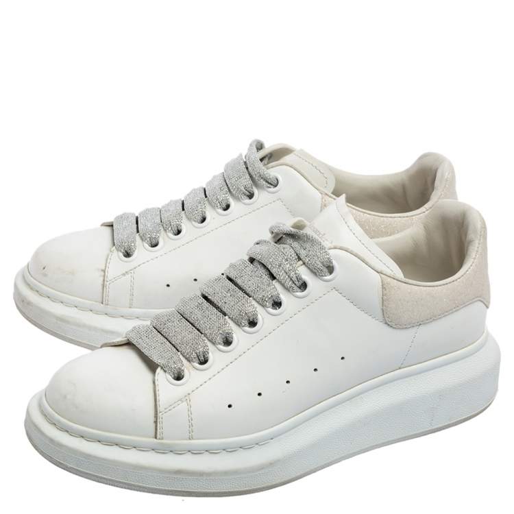 Pre Owned Alexander McQueen White Leather And Glitter Lace Up Sneakers Size 38.5