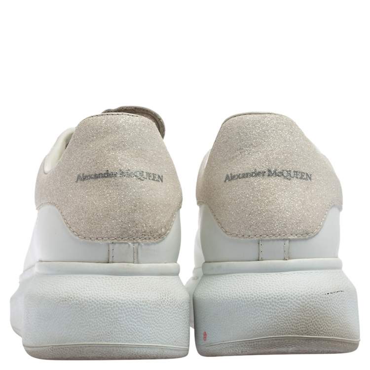 Pre Owned Alexander McQueen White Leather And Glitter Lace Up Sneakers Size 38.5