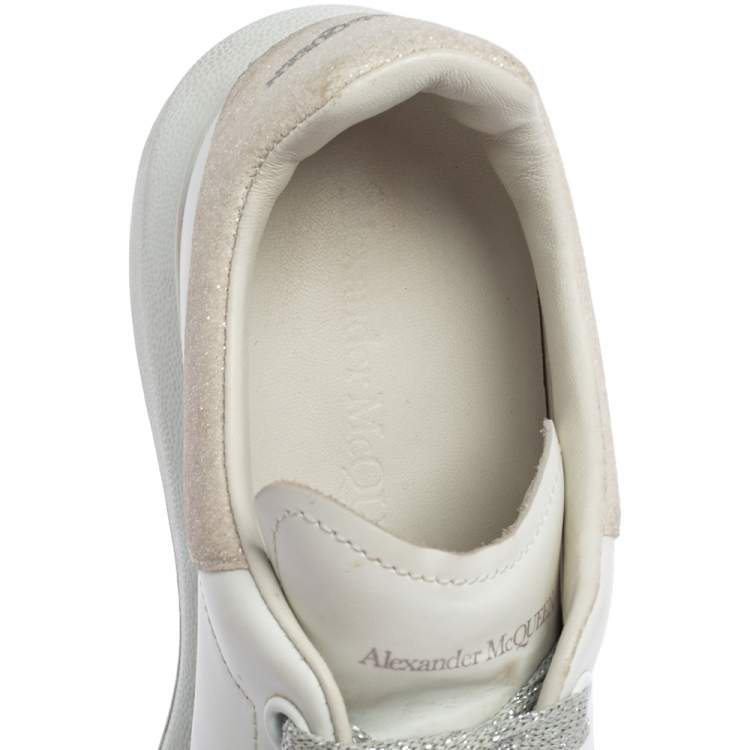 Pre Owned Alexander McQueen White Leather And Glitter Lace Up Sneakers Size 38.5