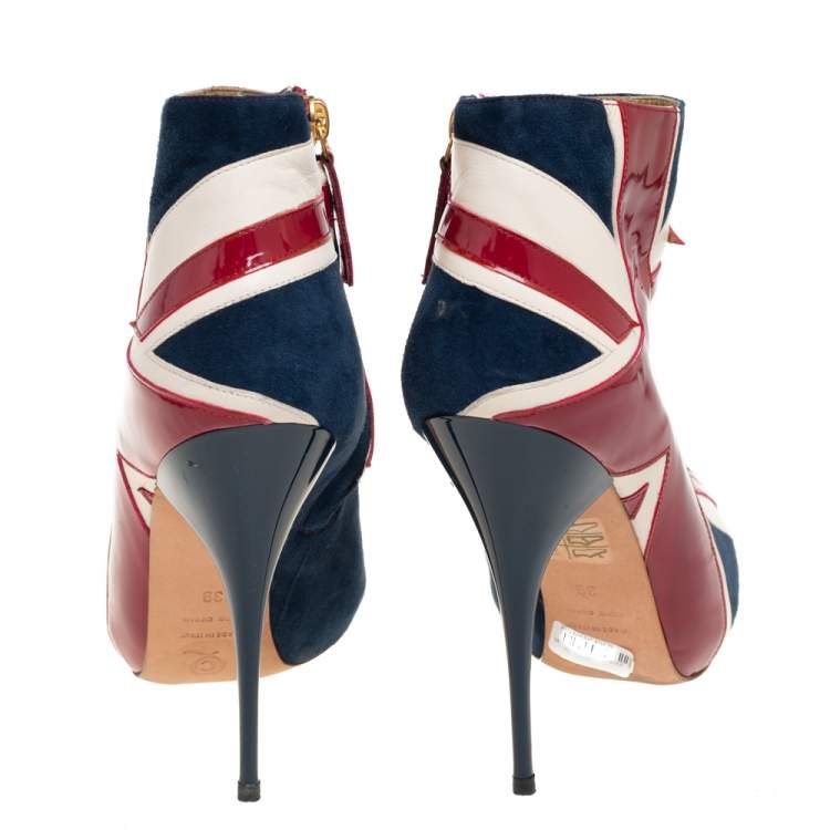 Pre Owned Alexander McQueen Tri-Color Suede, Patent and Leather Union Jack Ankle Boots Size 39