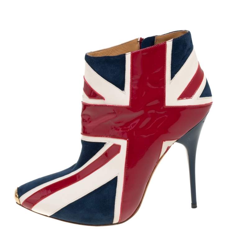 Pre Owned Alexander McQueen Tri-Color Suede, Patent and Leather Union Jack Ankle Boots Size 39