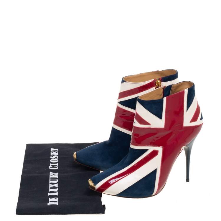 Pre Owned Alexander McQueen Tri-Color Suede, Patent and Leather Union Jack Ankle Boots Size 39