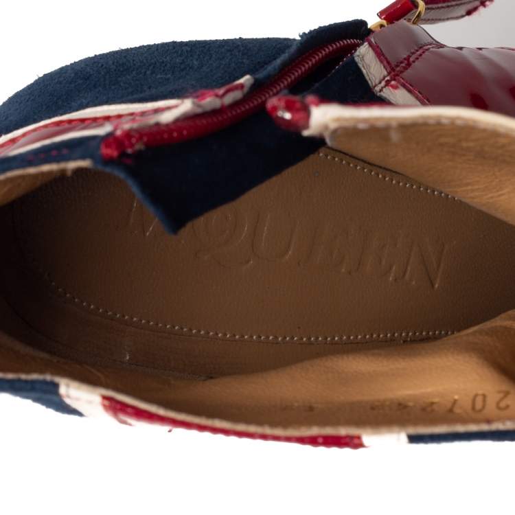 Pre Owned Alexander McQueen Tri-Color Suede, Patent and Leather Union Jack Ankle Boots Size 39