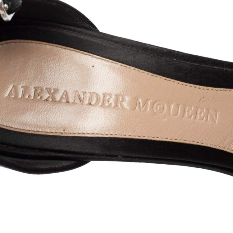 Pre Owned Alexander McQueen Black Satin Studded Platform Ankle-Strap Sandals Size 41