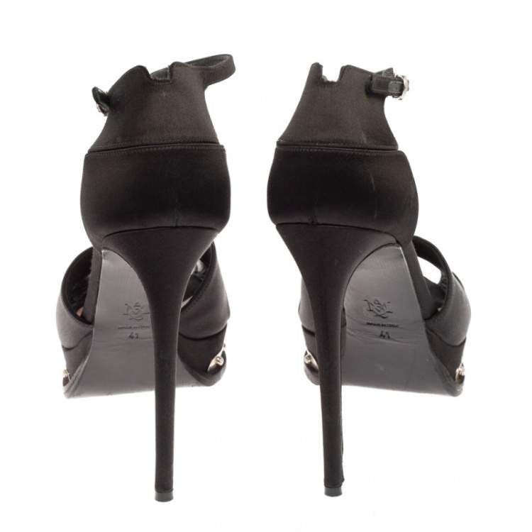 Pre Owned Alexander McQueen Black Satin Studded Platform Ankle-Strap Sandals Size 41