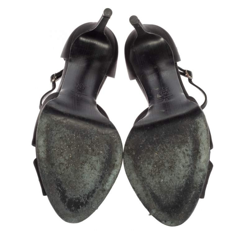 Pre Owned Alexander McQueen Black Satin Studded Platform Ankle-Strap Sandals Size 41