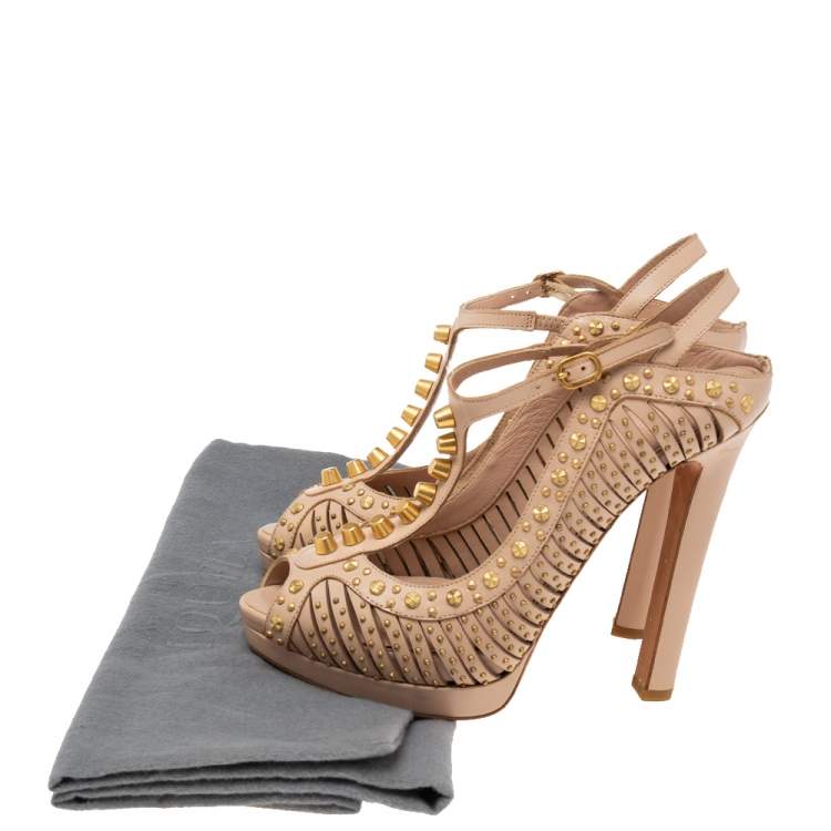 Pre Owned Alexander McQueen Beige Studded Leather T-Strap Slingback Platform Sandals Size 38.5