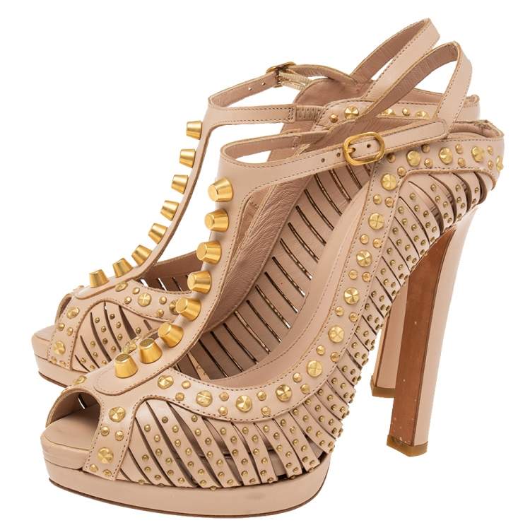 Pre Owned Alexander McQueen Beige Studded Leather T-Strap Slingback Platform Sandals Size 38.5