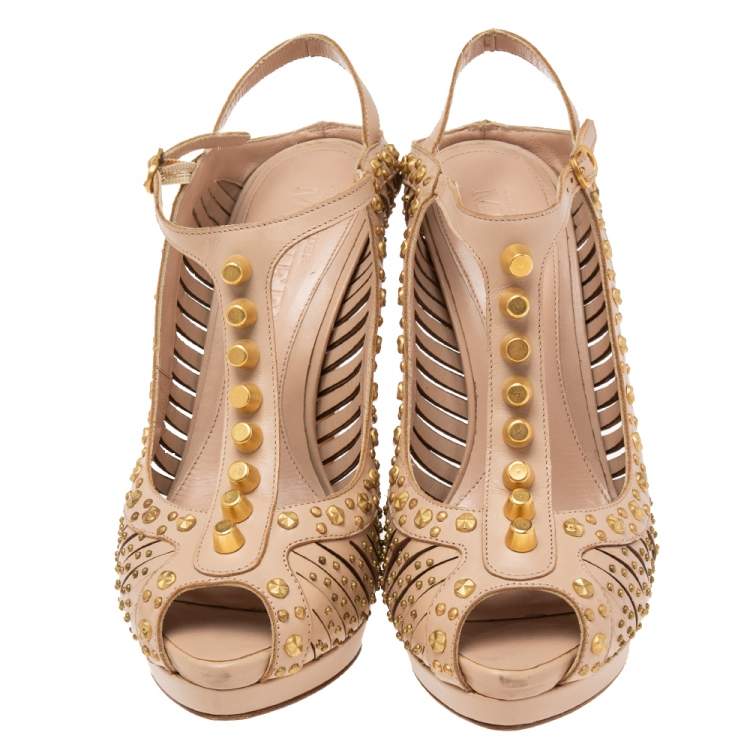 Pre Owned Alexander McQueen Beige Studded Leather T-Strap Slingback Platform Sandals Size 38.5