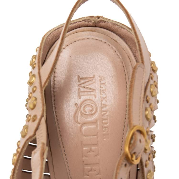 Pre Owned Alexander McQueen Beige Studded Leather T-Strap Slingback Platform Sandals Size 38.5