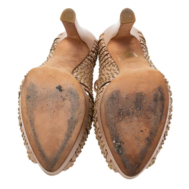 Pre Owned Alexander McQueen Beige Studded Leather T-Strap Slingback Platform Sandals Size 38.5