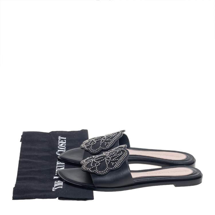 Pre Owned Alexander McQueen Black Leather Studded Flower Applique Flat Slides Size 39