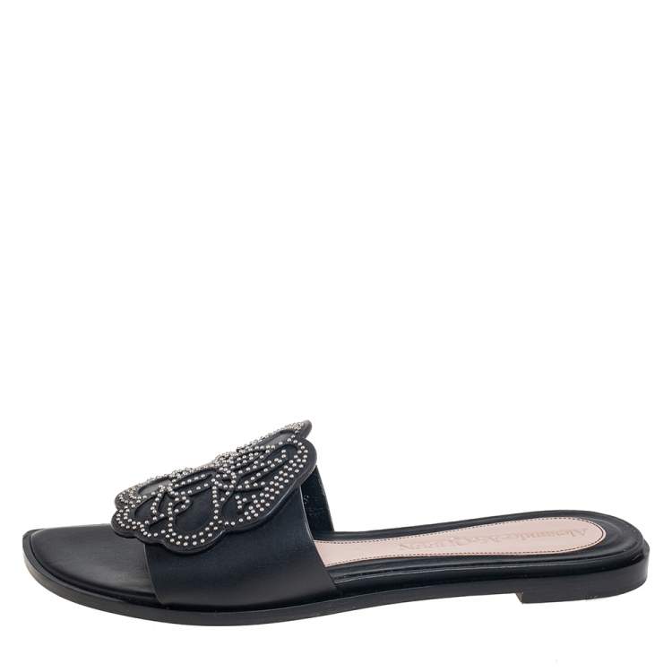 Pre Owned Alexander McQueen Black Leather Studded Flower Applique Flat Slides Size 39