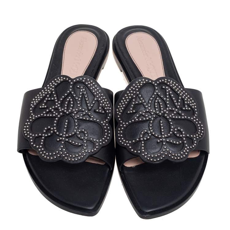 Pre Owned Alexander McQueen Black Leather Studded Flower Applique Flat Slides Size 39