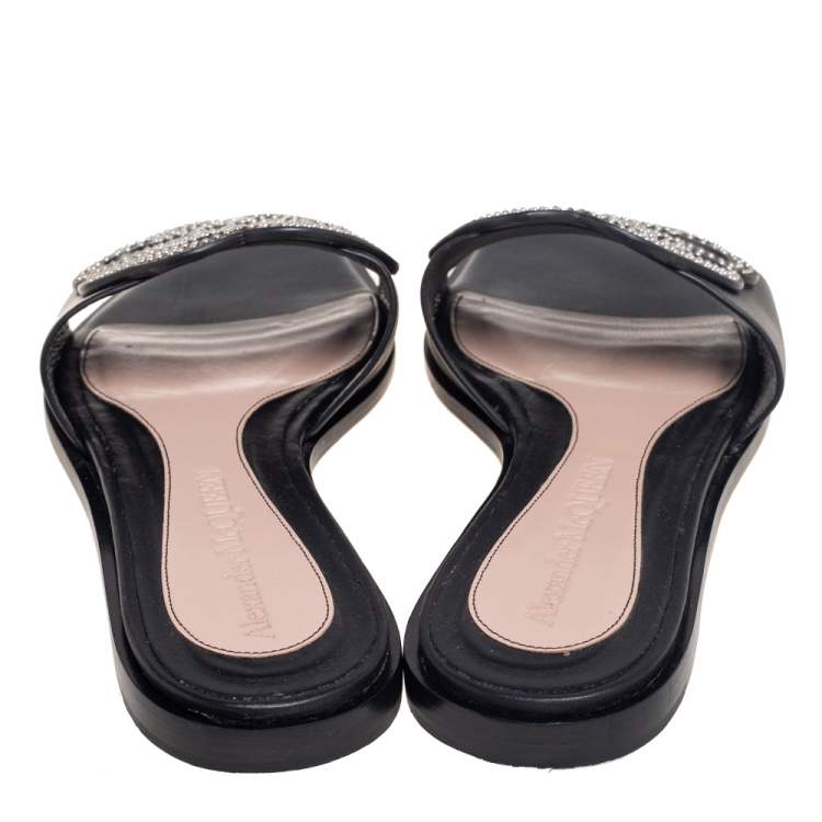 Pre Owned Alexander McQueen Black Leather Studded Flower Applique Flat Slides Size 39