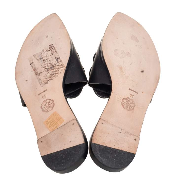 Pre Owned Alexander McQueen Black Leather Studded Flower Applique Flat Slides Size 39