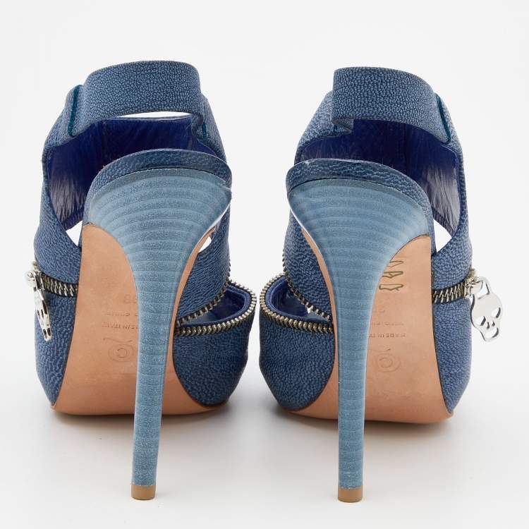 Pre Owned Alexander McQueen Blue Leather Slingback Platform Sandals Size 38