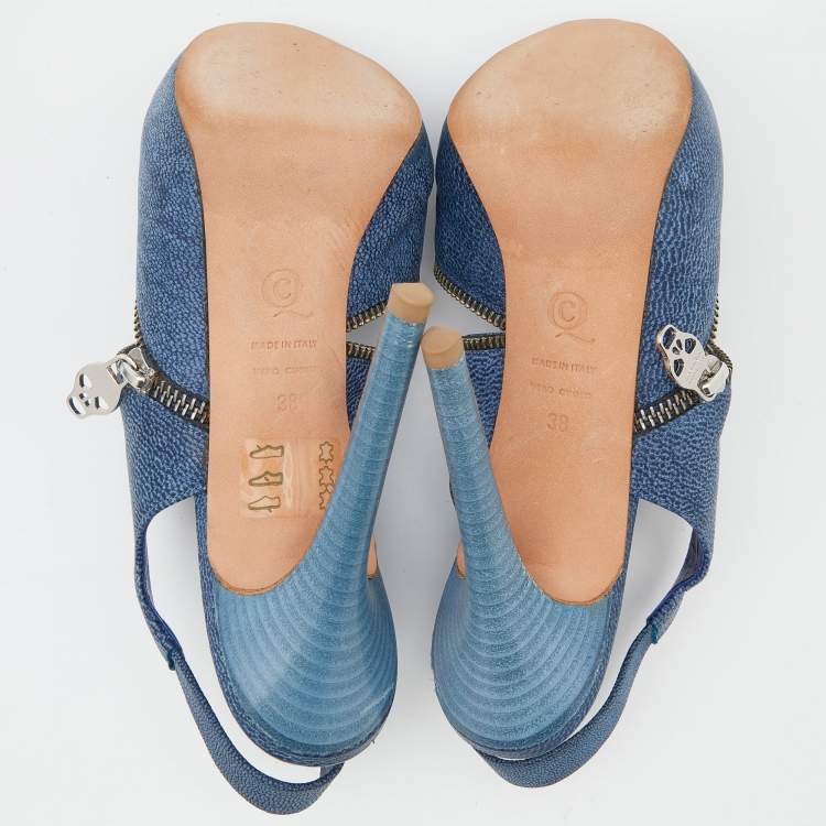Pre Owned Alexander McQueen Blue Leather Slingback Platform Sandals Size 38