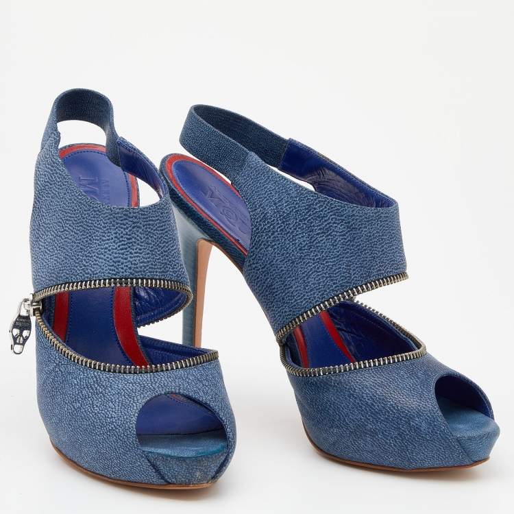 Pre Owned Alexander McQueen Blue Leather Slingback Platform Sandals Size 38