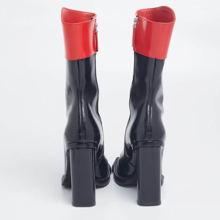 Pre Owned Alexander McQueen Red/Black Patent Leather Calf Length Boots Size 40 