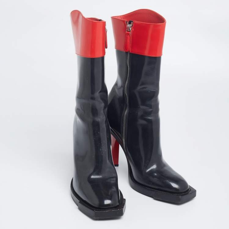 Pre Owned Alexander McQueen Red/Black Patent Leather Calf Length Boots Size 40 