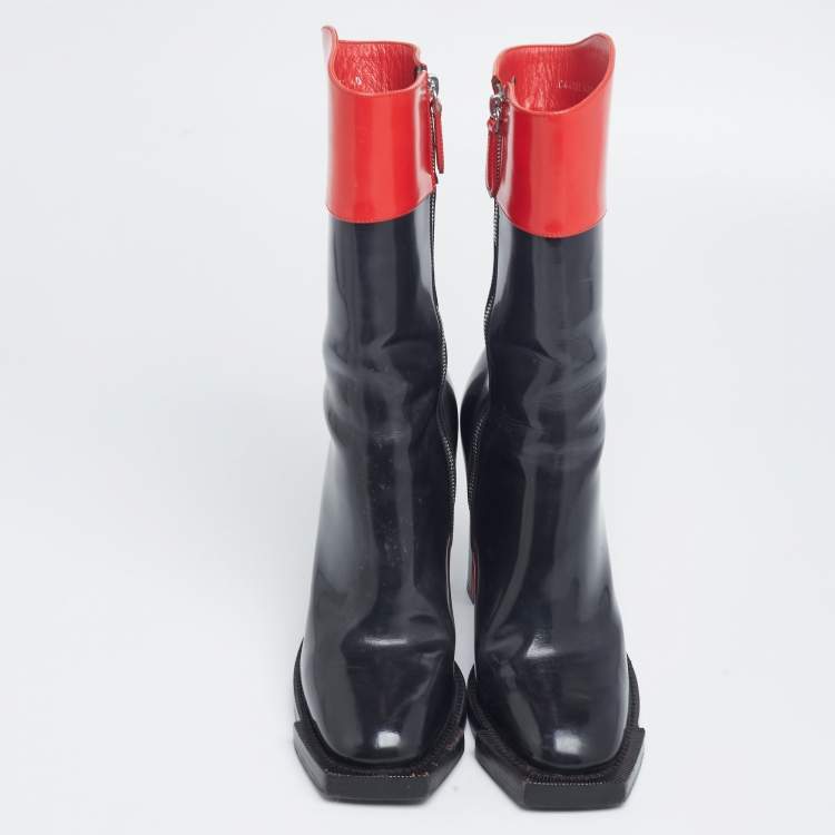 Pre Owned Alexander McQueen Red/Black Patent Leather Calf Length Boots Size 40 