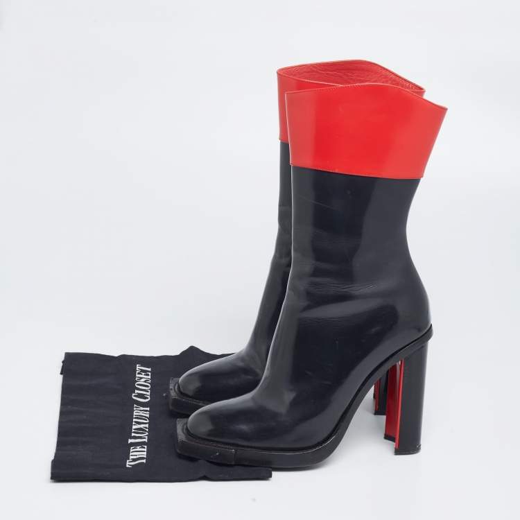 Pre Owned Alexander McQueen Red/Black Patent Leather Calf Length Boots Size 40 
