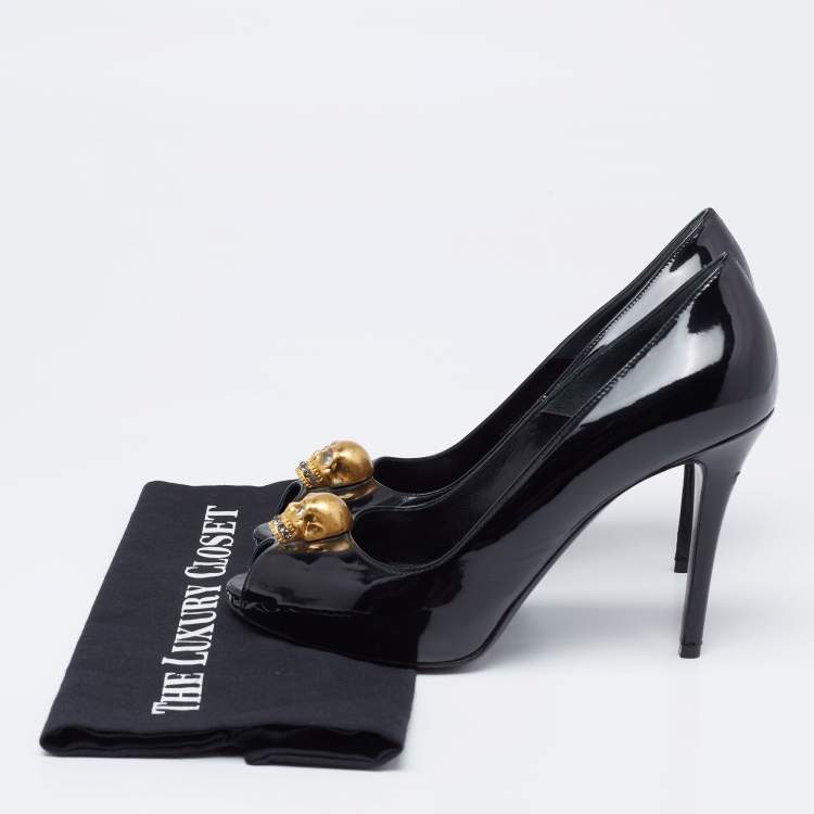 Pre Owned Alexander McQueen Black Patent Leather Peep Toe Pumps Size 39