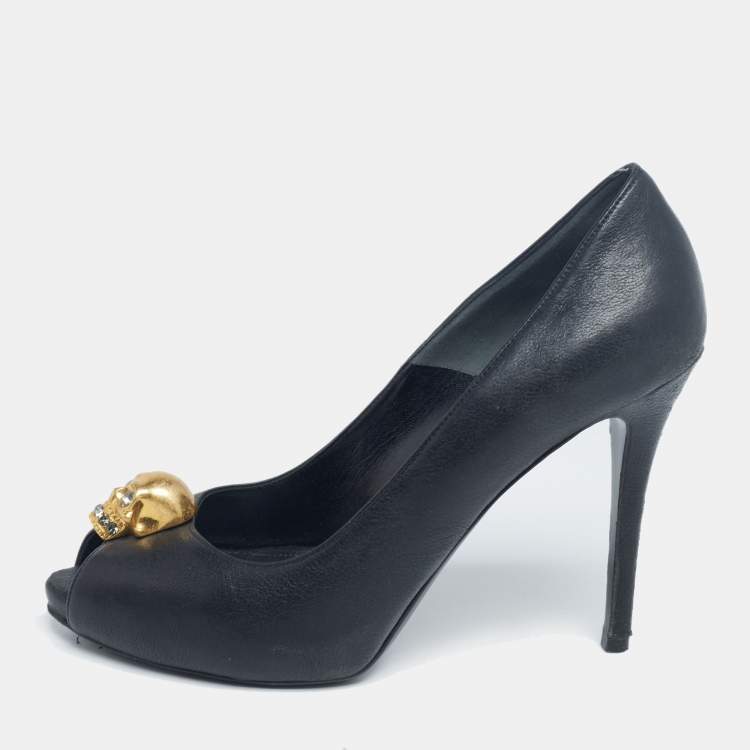 Alexander McQueen Black Leather Crystal Embellished Skull Detail Peep Toe  Platform Pumps Size 37 Alexander McQueen | TLC