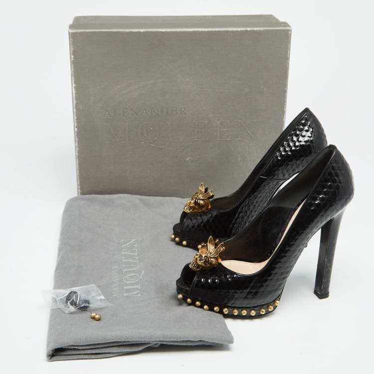 Pre Owned Alexander McQueen Black Patent Leather Skull Embellished Peep Toe Pumps Size 38