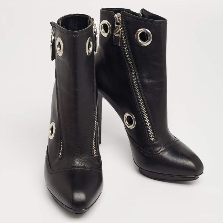 Pre Owned Alexander McQueen Black Leather Eyelet Detail Ankle Booties Size 37