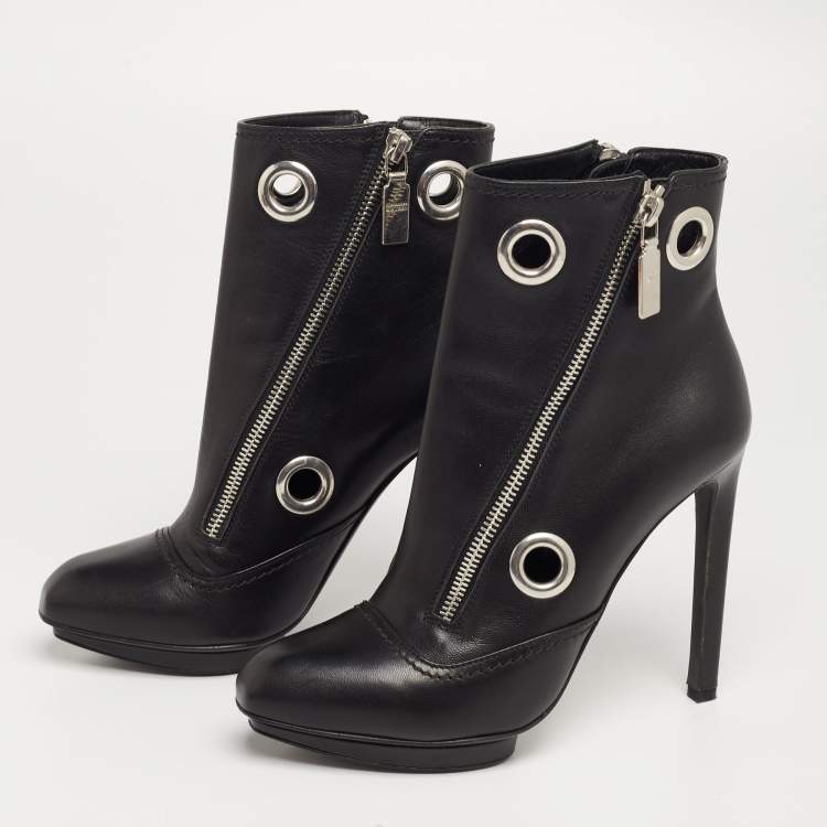 Pre Owned Alexander McQueen Black Leather Eyelet Detail Ankle Booties Size 37
