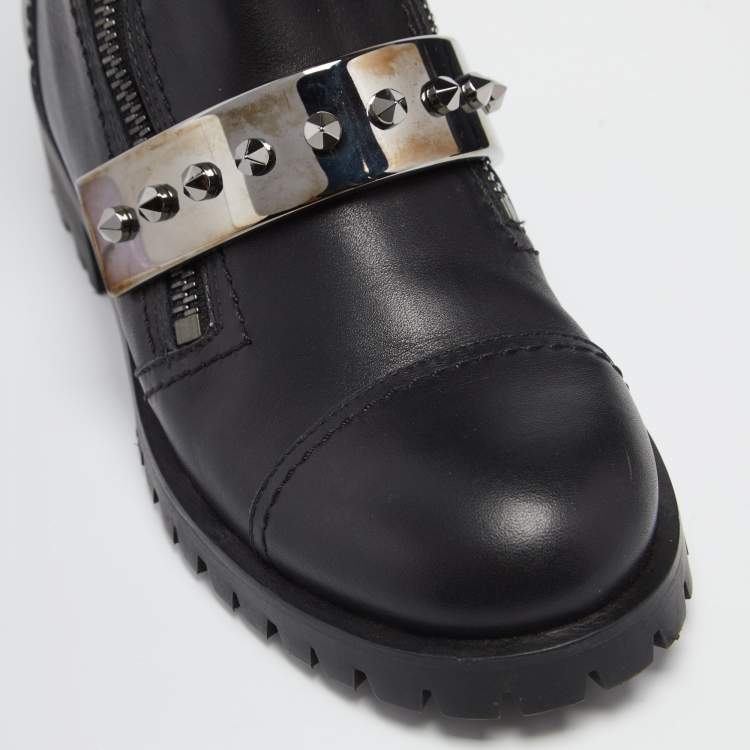 Pre Owned Alexander McQueen Black Leather Metal Bar Studded Biker Boots Size 40